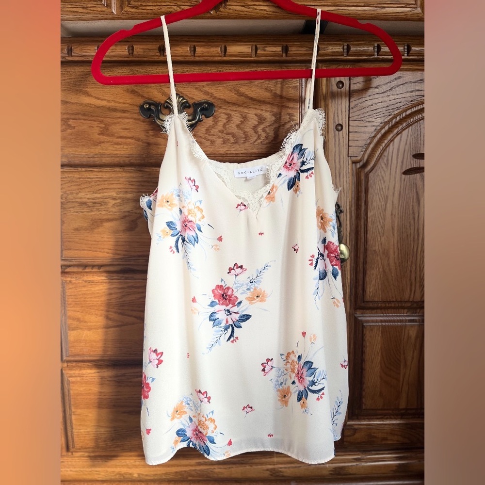 Floral Off White Dressy Camisole. Double layered, Adjustable Straps.